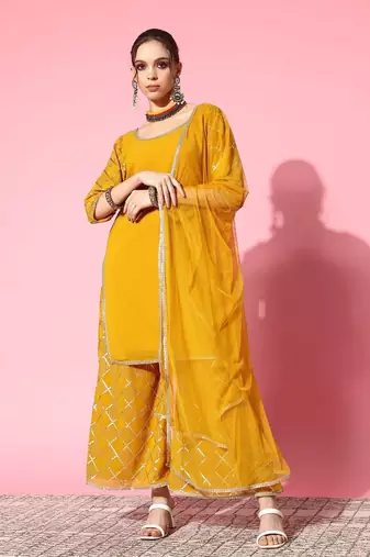 women regular sequinned kurta with sharara & with dupatta