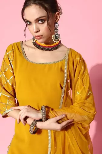 women regular sequinned kurta with sharara & with dupatta