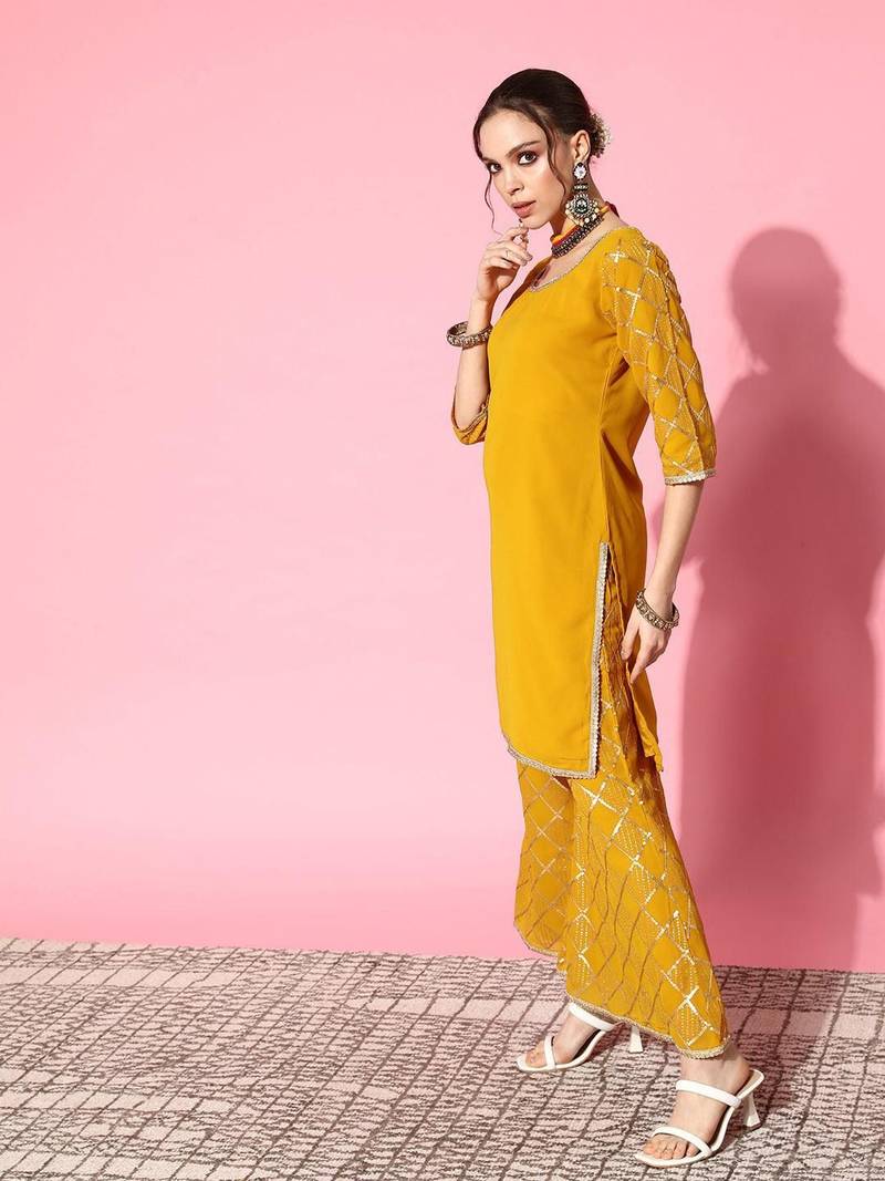 women regular sequinned kurta with sharara & with dupatta