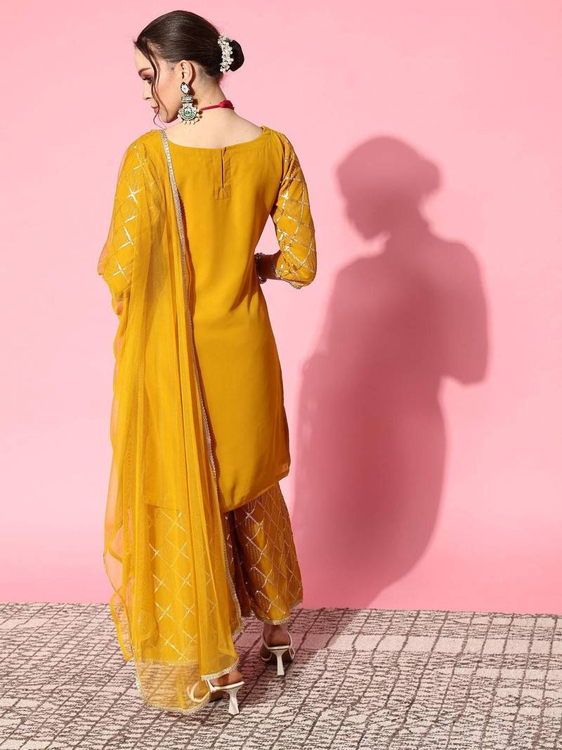women regular sequinned kurta with sharara & with dupatta