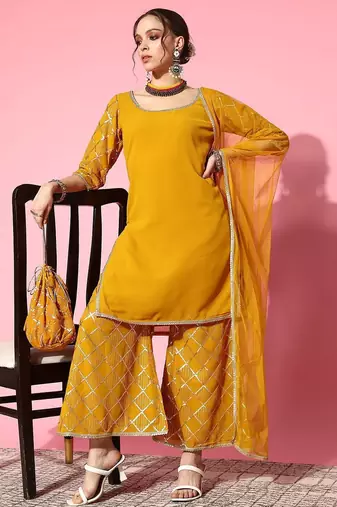 women regular sequinned kurta with sharara & with dupatta