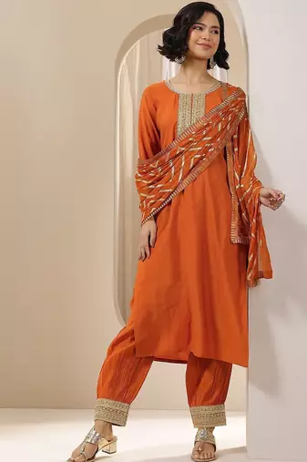 women ethnic motifs embroidered kurta with harem pants & dupatta