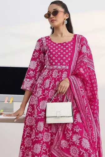libas fuchsia pink floral print a-line suit set with dupatta
