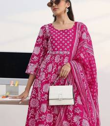 libas fuchsia pink floral print a-line suit set with dupatta
