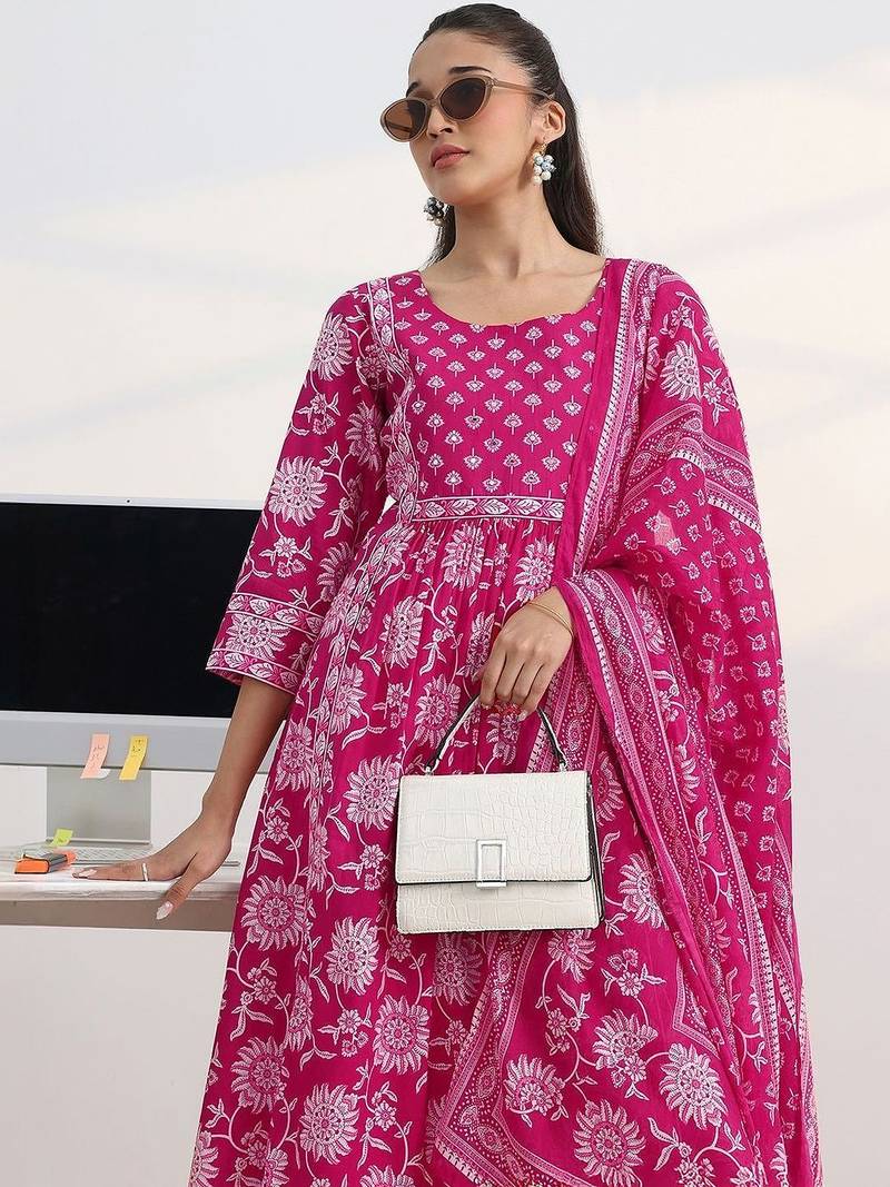 libas fuchsia pink floral print a-line suit set with dupatta