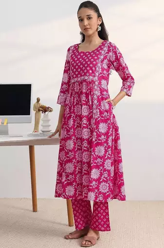 libas fuchsia pink floral print a-line suit set with dupatta
