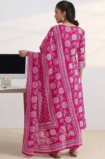 libas fuchsia pink floral print a-line suit set with dupatta