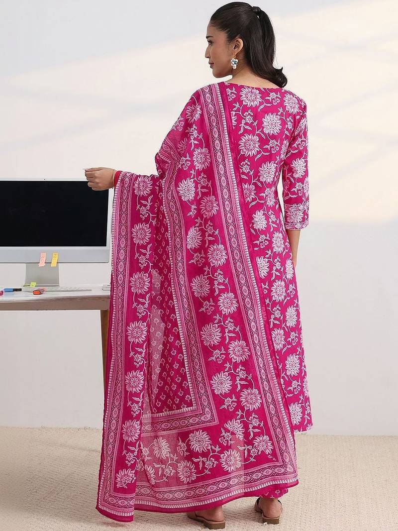libas fuchsia pink floral print a-line suit set with dupatta