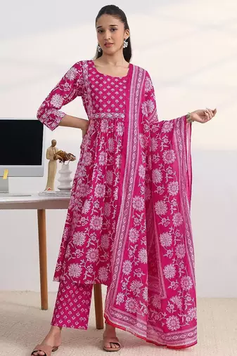 libas fuchsia pink floral print a-line suit set with dupatta