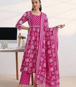libas fuchsia pink floral print a-line suit set with dupatta