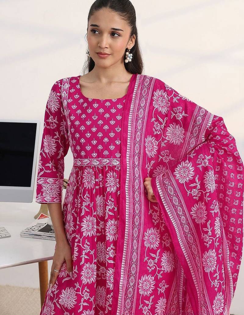libas fuchsia pink floral print a-line suit set with dupatta