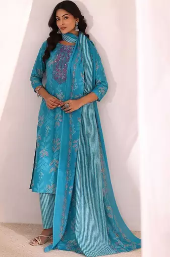 women ethnic motifs printed regular thread work kurta with palazzos & with dupatta
