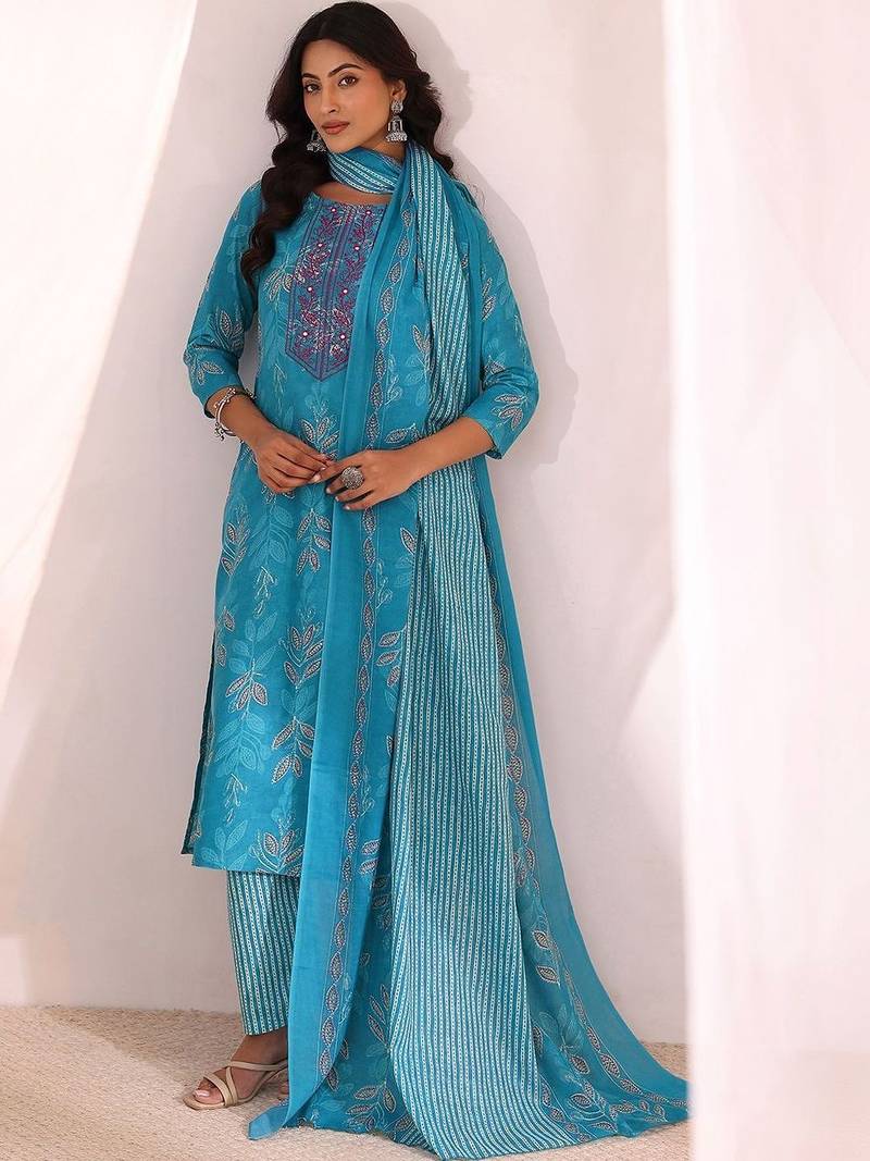women ethnic motifs printed regular thread work kurta with palazzos & with dupatta
