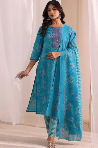 women ethnic motifs printed regular thread work kurta with palazzos & with dupatta
