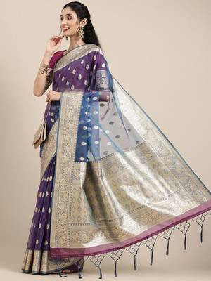 Blue ethnic motifs zari organza banarasi saree 1