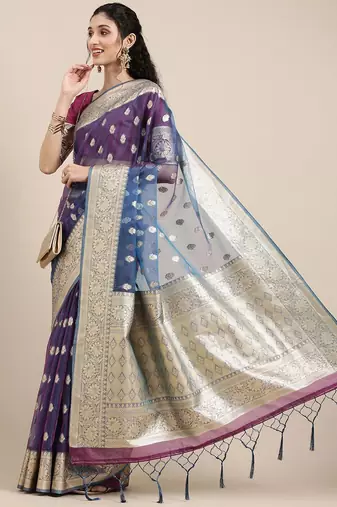 Blue ethnic motifs zari organza banarasi saree