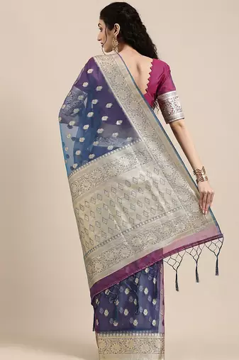 Blue ethnic motifs zari organza banarasi saree