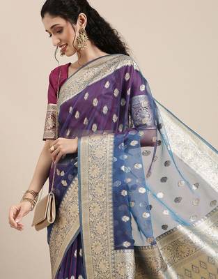 Blue ethnic motifs zari organza banarasi saree 3