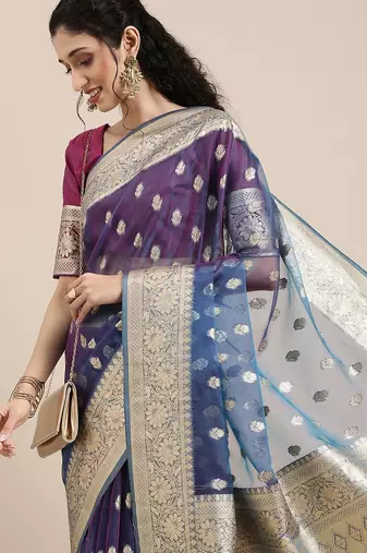 Blue ethnic motifs zari organza banarasi saree