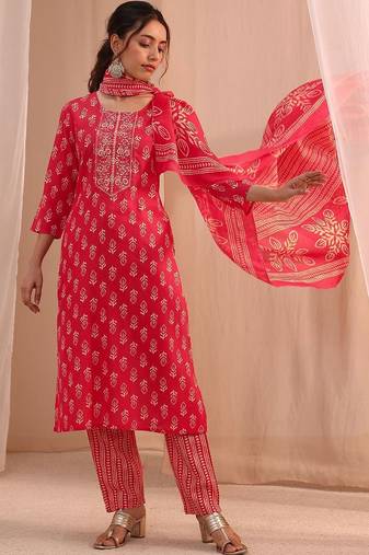 women ethnic motifs printed regular thread work kurta with trousers & with dupatta