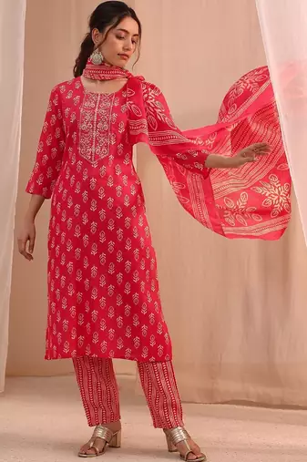 women ethnic motifs printed regular thread work kurta with trousers & with dupatta