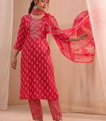 women ethnic motifs printed regular thread work kurta with trousers & with dupatta