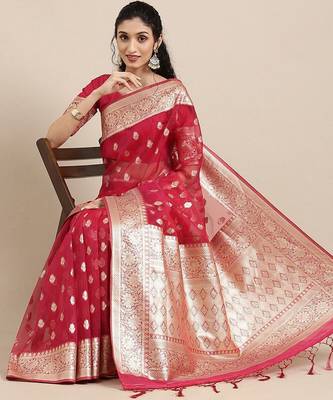 Pink ethnic motifs zari organza banarasi saree 1
