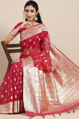Pink ethnic motifs zari organza banarasi saree