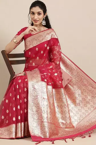 Pink ethnic motifs zari organza banarasi saree