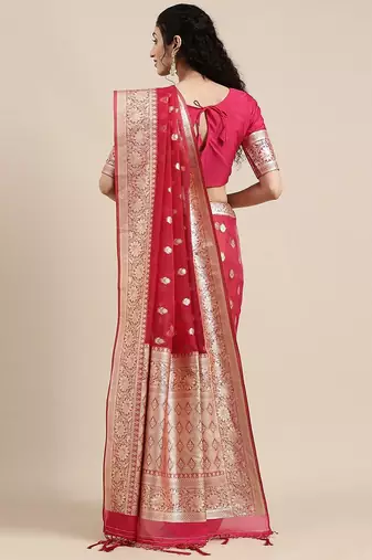 Pink ethnic motifs zari organza banarasi saree
