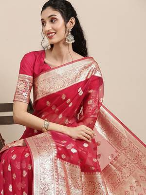 Pink ethnic motifs zari organza banarasi saree 3