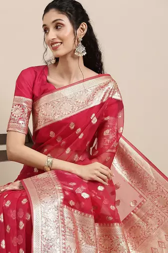 Pink ethnic motifs zari organza banarasi saree