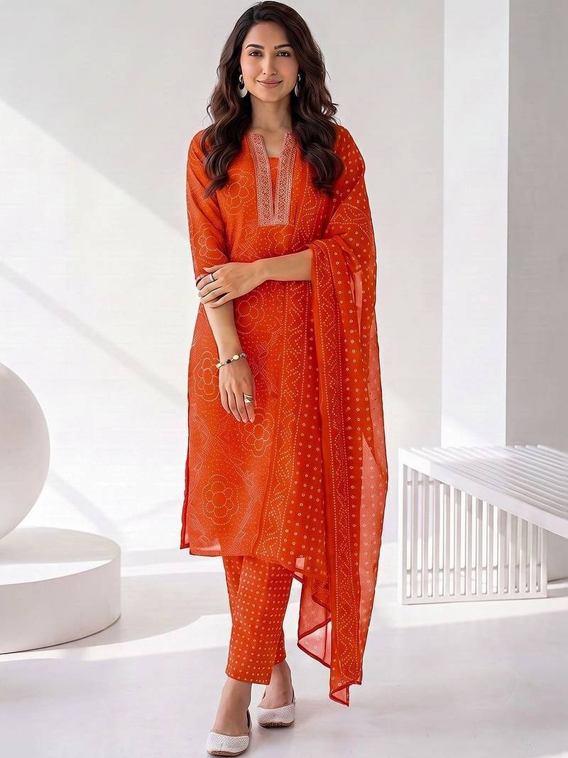 women ethnic motifs printed regular kurta with trousers & with dupatta