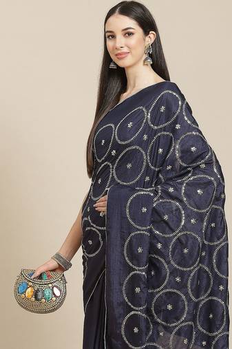 Navy blue navy blue embellished silk blend saree
