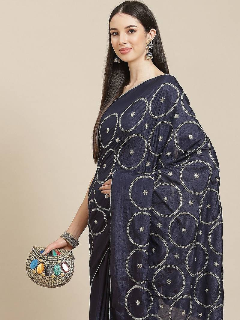 Navy blue navy blue embellished silk blend saree