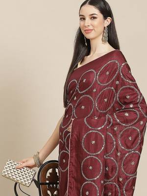 Maroon maroon & pink embellished sequinned silk blend saree 1
