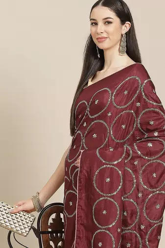 Maroon maroon & pink embellished sequinned silk blend saree