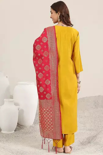 ethnic motifs embroidered straight sequinned kurta with trousers & dupatta