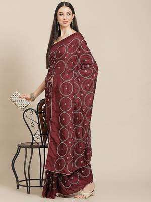 Maroon maroon & pink embellished sequinned silk blend saree 2