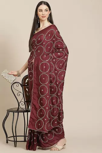 Maroon maroon & pink embellished sequinned silk blend saree