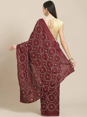 Maroon maroon & pink embellished sequinned silk blend saree 3
