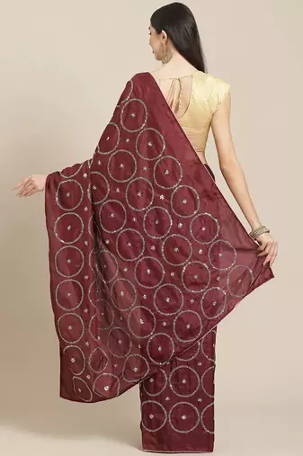 Maroon maroon & pink embellished sequinned silk blend saree