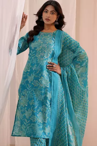 women floral printed regular kurta with trousers & with dupatta