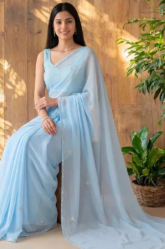 Blue floral beads and stones poly georgette designer saree
