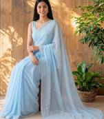 Blue floral beads and stones poly georgette designer saree