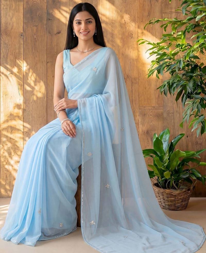 Blue floral beads and stones poly georgette designer saree