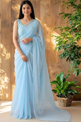 Blue floral beads and stones poly georgette designer saree