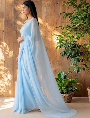 Blue floral beads and stones poly georgette designer saree 3