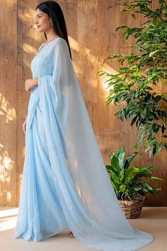 Blue floral beads and stones poly georgette designer saree