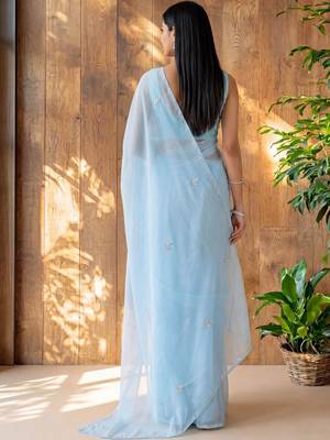 Blue floral beads and stones poly georgette designer saree 4